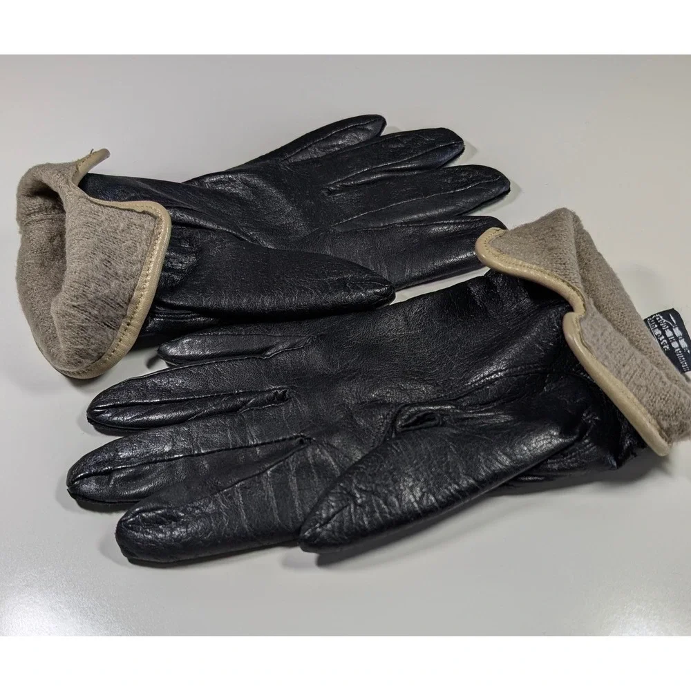 Womens Black Vintage Leather Gloves Tan Trim Acrylic‎ Lined Size M WPL 9745